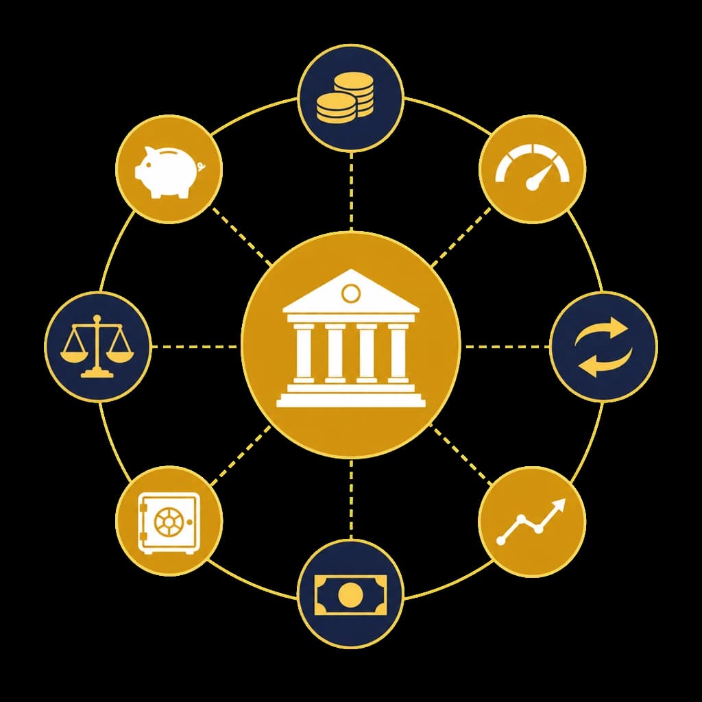 Diagrama politicii monetare a BNM: rata de bază în centru, conectată la leul moldovenesc, inflație, licitațiile VMS, dobânzile la credite și depozite, cursul oficial, rezervele valutare și supravegherea băncilor