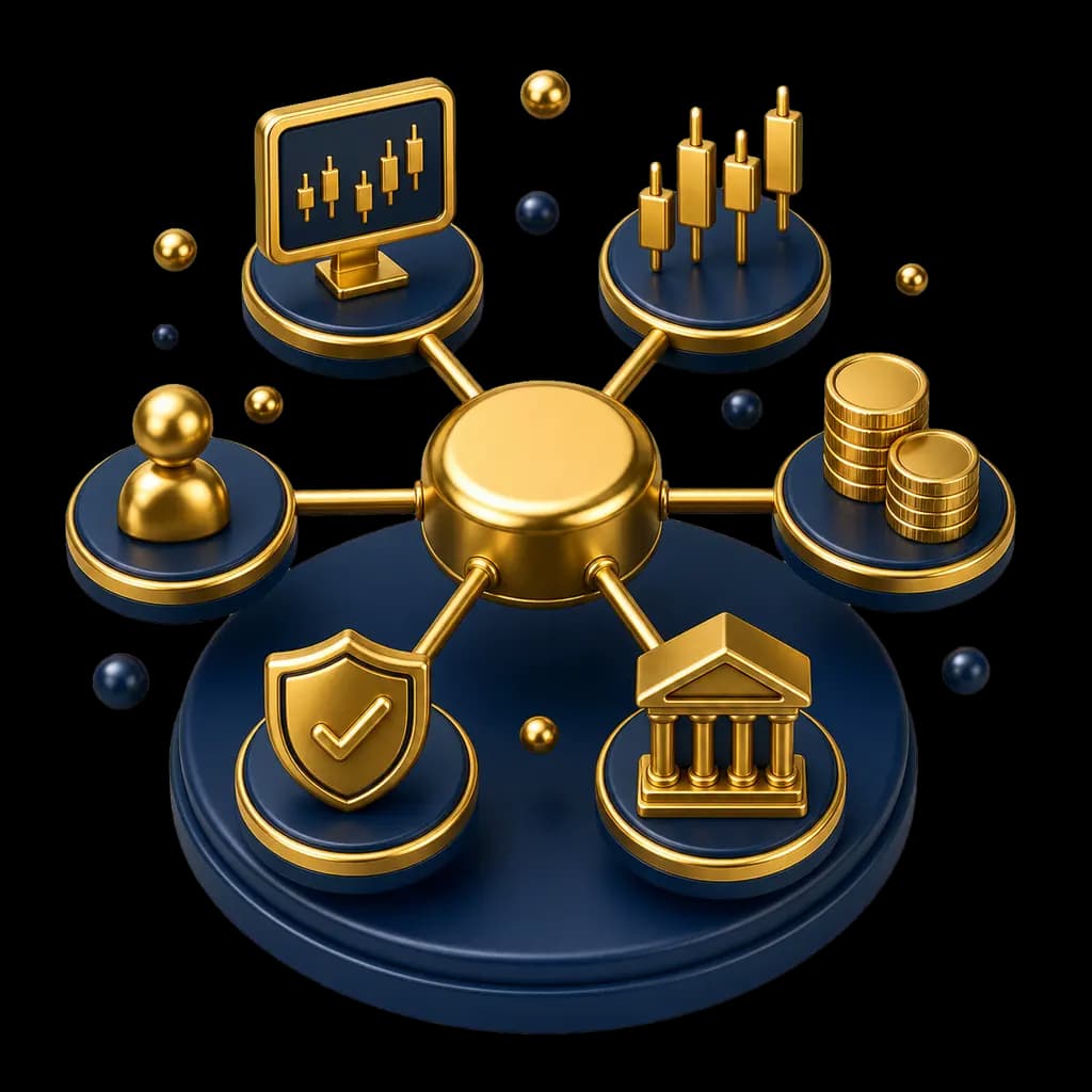 Brokerul în centru, conectat la platformă, cotații, costuri, clienți, burse și reglementare
