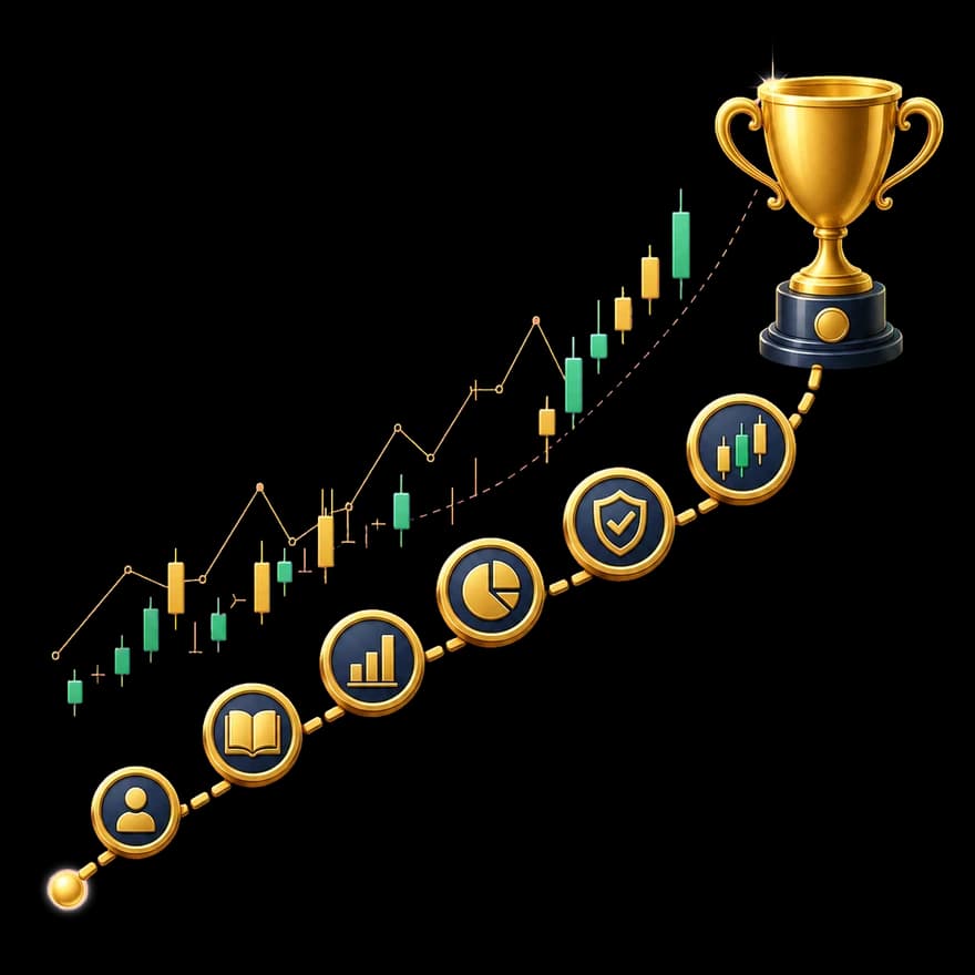 Drumul de la zero la trader, în pași: de la prima decizie, prin brokerul reglementat, contul demo, platformă, metodă și managementul riscului, până la prima tranzacție